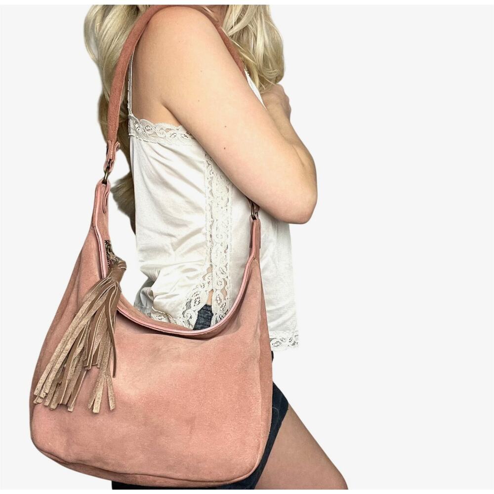 Sundance Prue Bag Dusty Pink Suede Hobo Shoulder Bag Leather Tassel Zipper